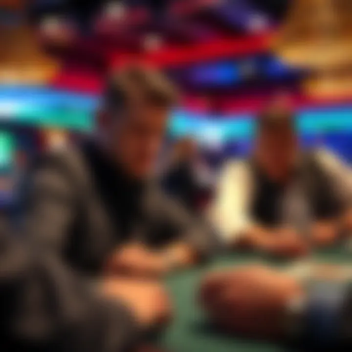 A poker player looks surprised while a dealer gives him a warning after a joke about his weak hand during a tournament
