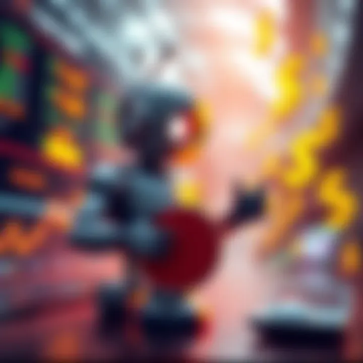 PongBot character engaging with financial charts and dollar symbols