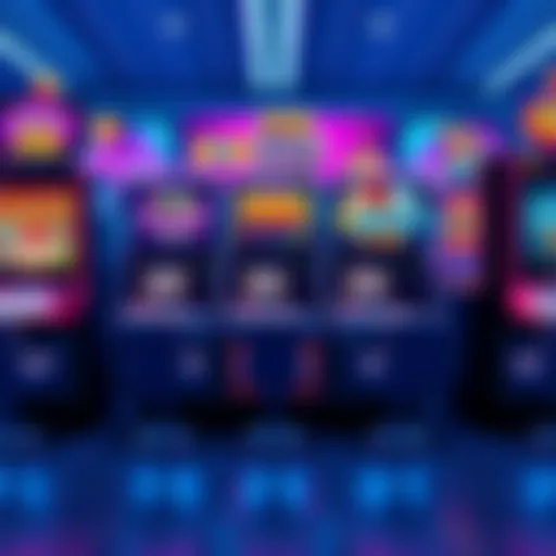 Different Pop Slots machines with colorful screens and spinning reels, showing game themes and point indicators.