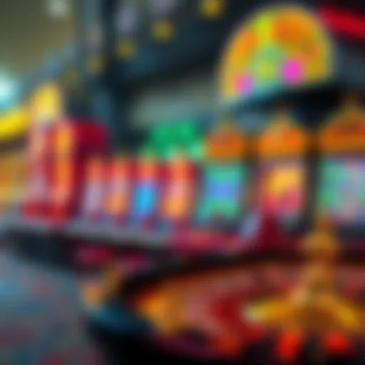 An assortment of colorful slot machines and a roulette table, showcasing the excitement of casino games at Bet365.