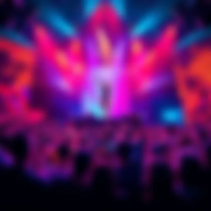 A vibrant collage of popular music hits featuring artists performing on stage and fans enjoying the show