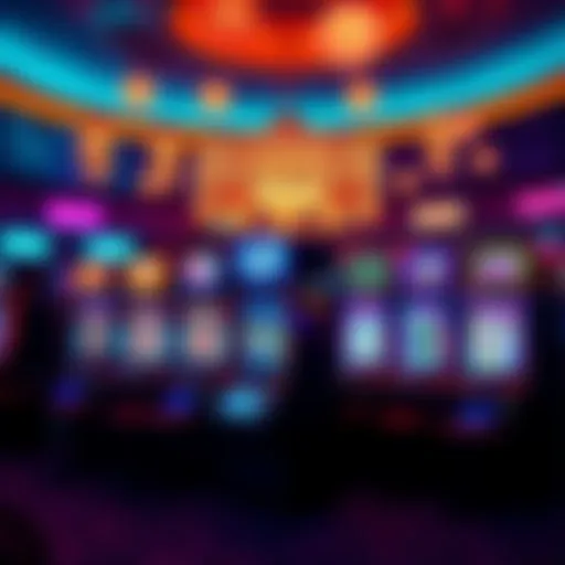 A display of various slot machines and bright lights from a casino environment
