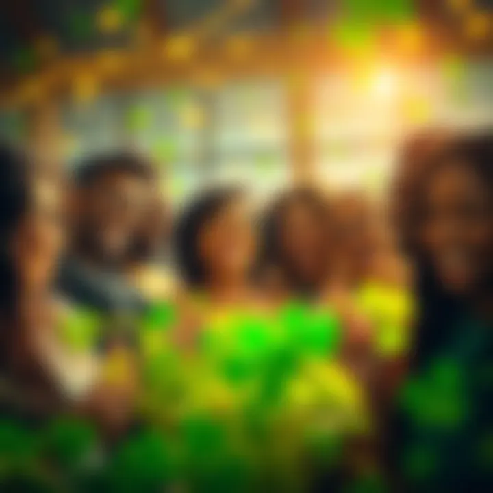 Positive vibes and blessings A bright scene with a group of diverse people smiling and sharing good wishes, surrounded by symbols of luck like four-leaf clovers and stars.