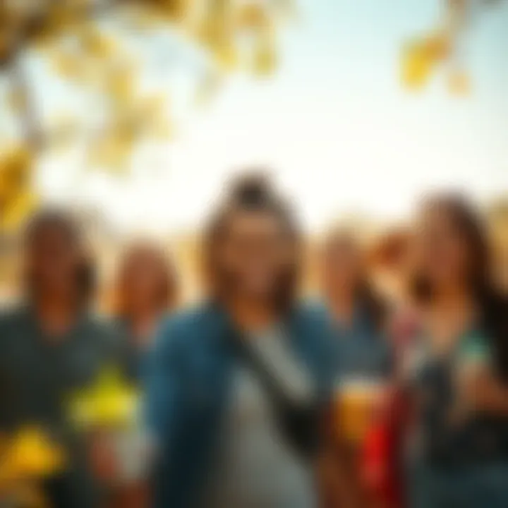 A group of diverse people smiling and sharing positive energy in a sunny park setting.
