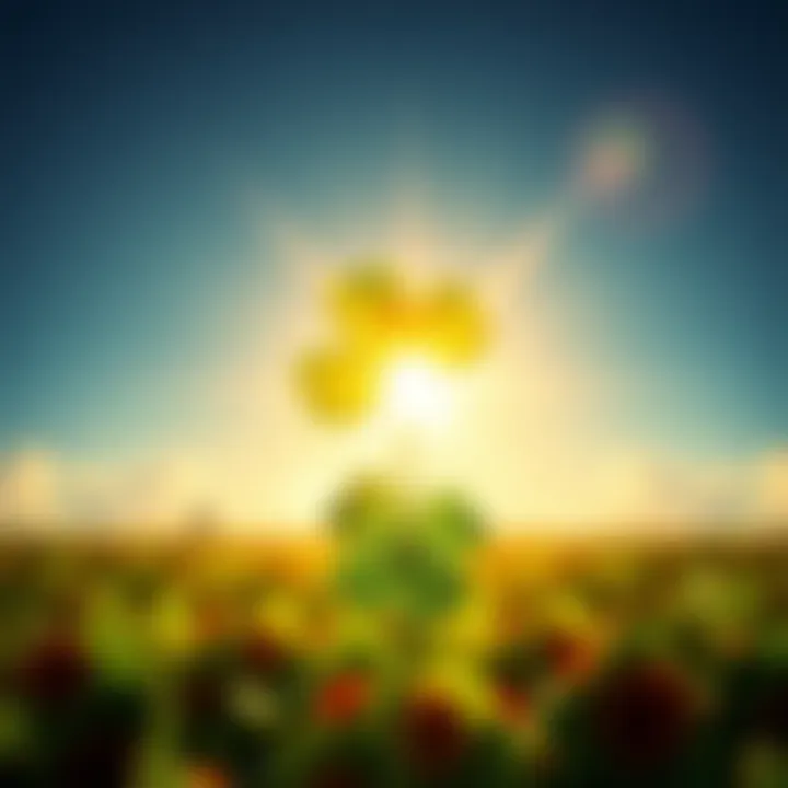 A bright sunrise with a four-leaf clover, symbolizing good luck and optimism for the week ahead