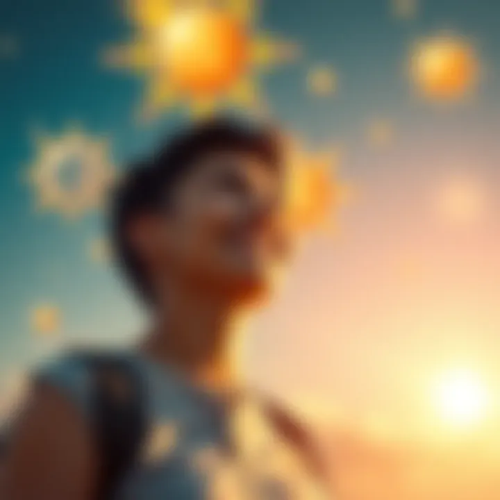 A happy person looking at a bright future with uplifting symbols around them, representing benefits and transformation.