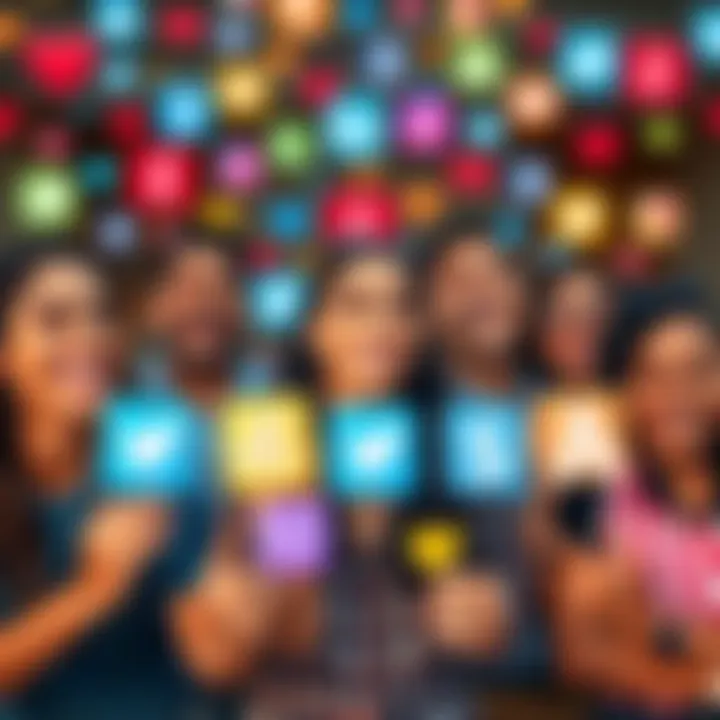 A group of diverse people smiling and celebrating in front of colorful social media icons