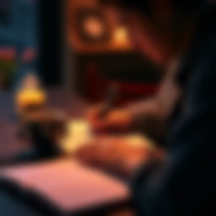 A person writing in a notebook with a cup of coffee, reflecting on their day and learning experiences.