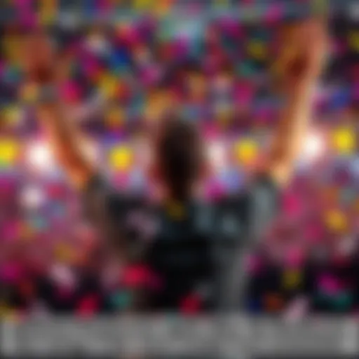 A person celebrating success with arms raised, surrounded by colorful confetti after a successful comeback.