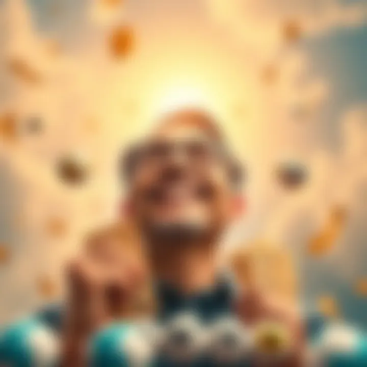 Individual smiling and looking up, surrounded by symbols of good luck and positive change, like a sunny sky and lottery tickets