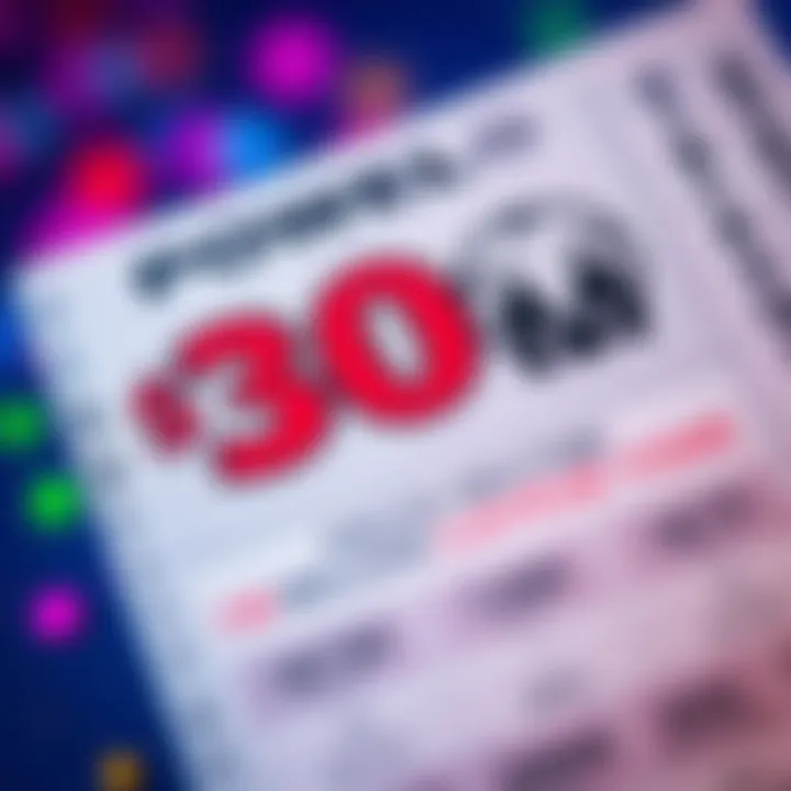 A close-up of a Powerball ticket highlighting the $30 million jackpot and colorful numbers