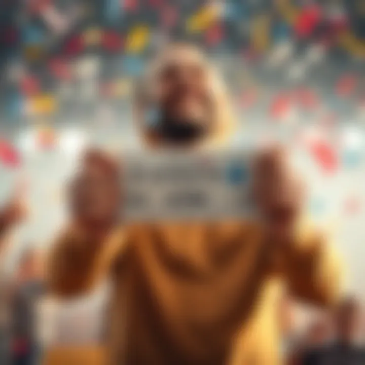 A joyful person holding a winning lottery ticket with confetti falling around them, celebrating a big win in Delaware.