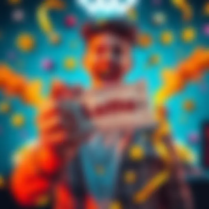 A person holding a lottery ticket with excitement, surrounded by colorful decorations representing winnings and good luck symbols.
