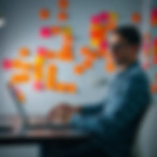 A person analyzing data on a laptop while brainstorming marketing strategies with sticky notes on a wall.