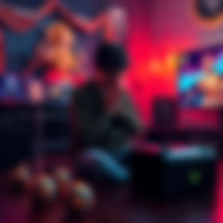 A person kneeling beside a gaming console with hands clasped in prayer, surrounded by gaming memorabilia and images of deities, symbolizing hope and desperation in gaming.