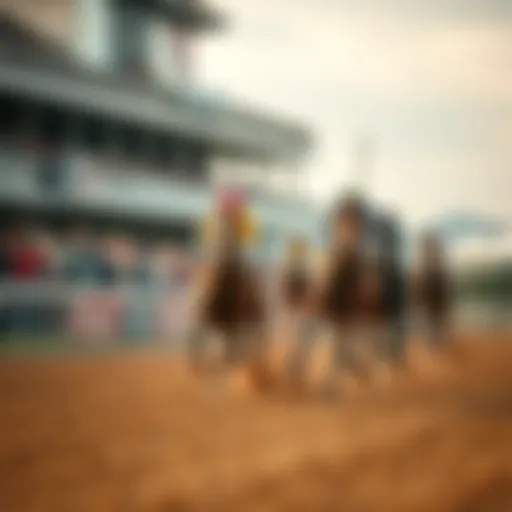Several thoroughbred horses racing on the track during the Preakness Stakes, with spectators cheering in the background.