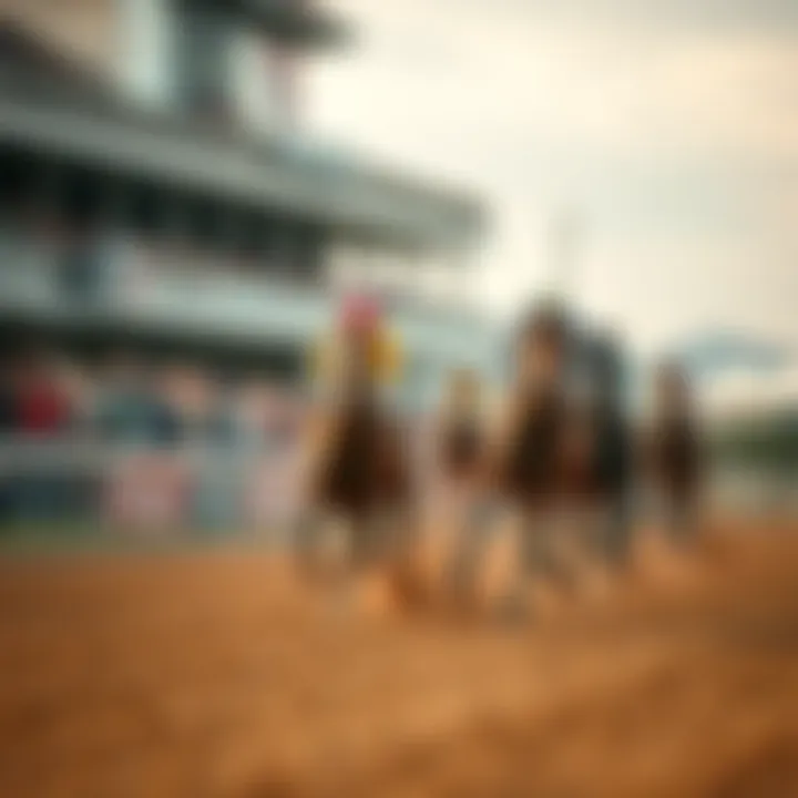 Several thoroughbred horses racing on the track during the Preakness Stakes, with spectators cheering in the background.