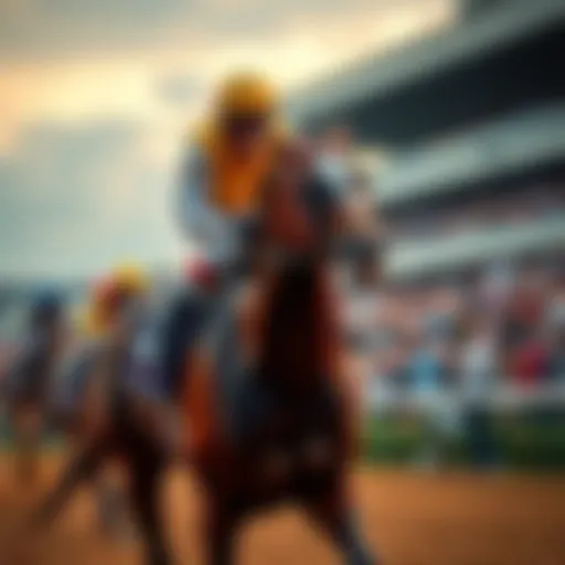 A racehorse and jockey competing in the Preakness Stakes with a crowd cheering in the background.