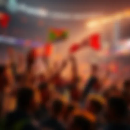 Fans celebrating during a Premier League match, cheering and waving flags.