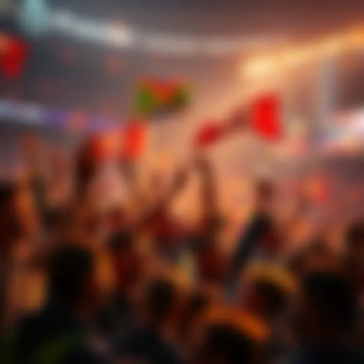 Fans celebrating during a Premier League match, cheering and waving flags.