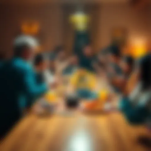 Family gathering with people enjoying Thanksgiving dinner while being careful to avoid slipping on the floor