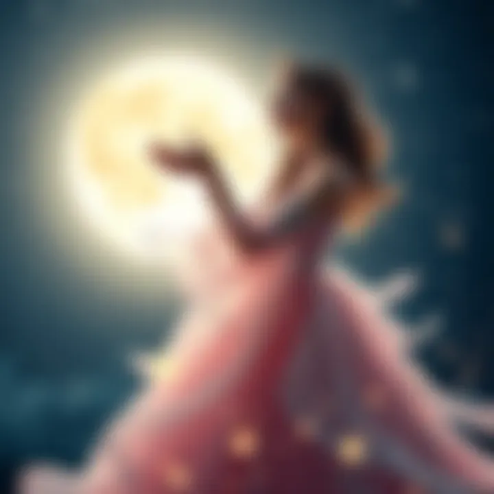 A bright princess surrounded by sparkling stars and a glowing moon, dressed in a flowing gown, signaling magic and joy.