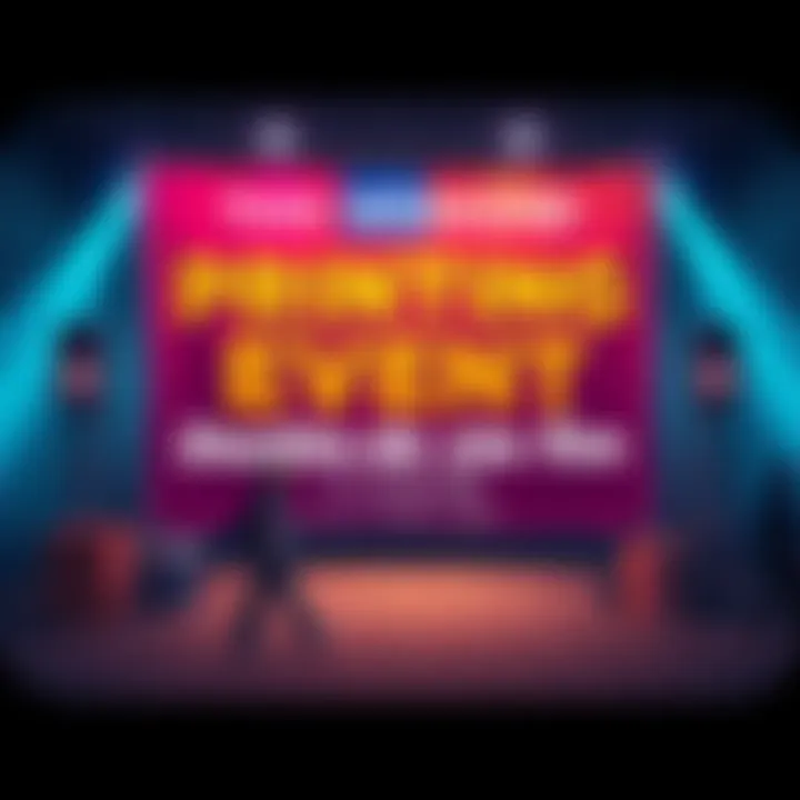 A colorful banner promoting a printing event with schedule details and location information