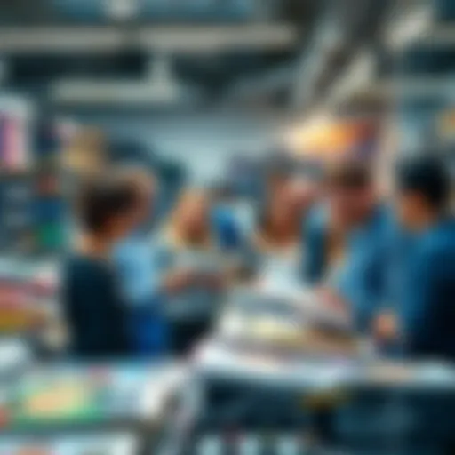 A vibrant printing studio showcasing satisfied customers interacting with staff and examining printed materials.