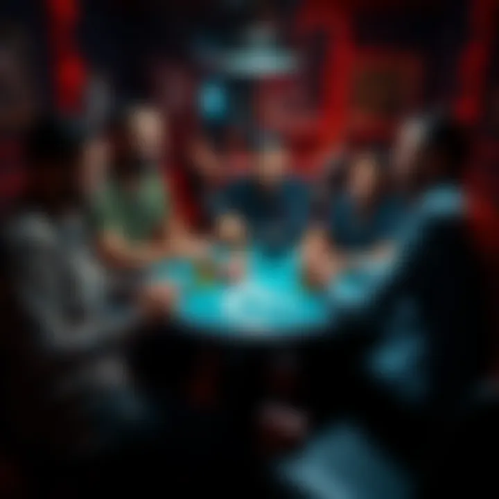 A group of friends gathered around a poker table playing cards, with chips and drinks nearby, showcasing a relaxed and friendly atmosphere.