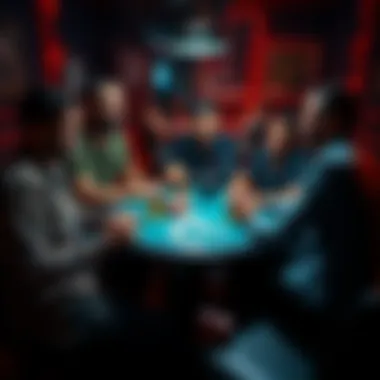 Private Poker Game A group of friends gathered around a poker table playing cards, with chips and drinks nearby, showcasing a relaxed and friendly atmosphere.