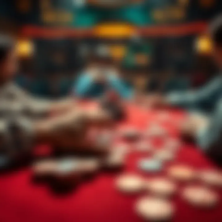A table with poker chips and cards spread out in a private setting, showing players engaged in a game.
