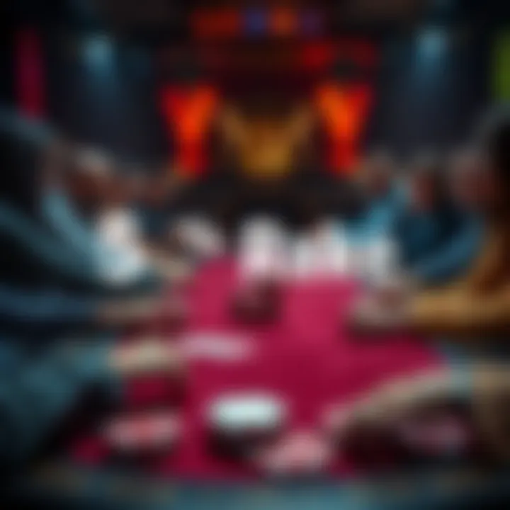 A group of people playing poker around a table with cards and chips, highlighting a 5% rake fee in a private game setting in the UK.