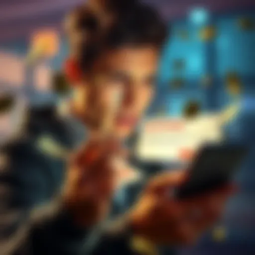 A person looking frustrated while checking their account on a mobile phone, surrounded by money and a blocked account notification