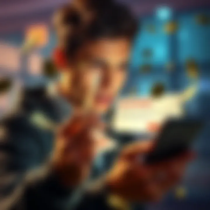A person looking frustrated while checking their account on a mobile phone, surrounded by money and a blocked account notification