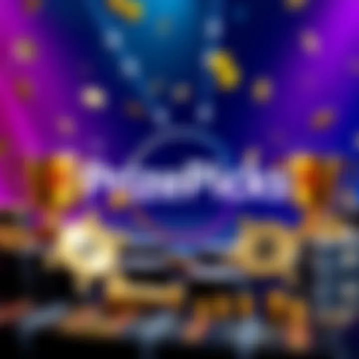 PrizePicks logo surrounded by symbols of winning like trophies and dollar signs