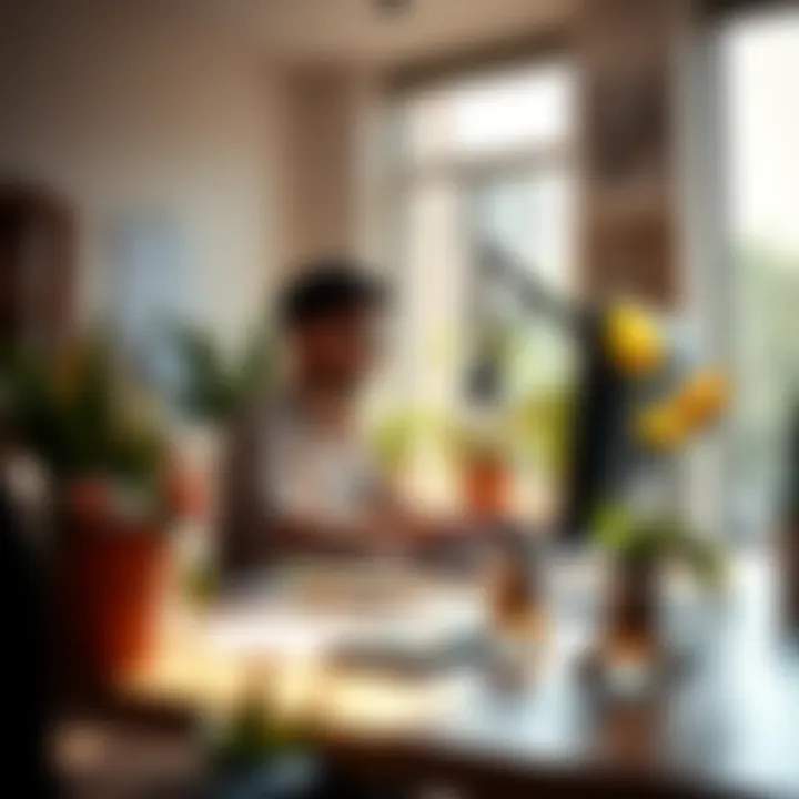 A sunny office scene with a person working focused at their desk, surrounded by plants and a bright window, reflecting positive energy and productivity.