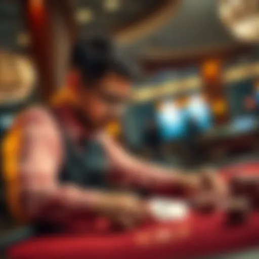 A focused professional gambler analyzing cards and chips at a casino table