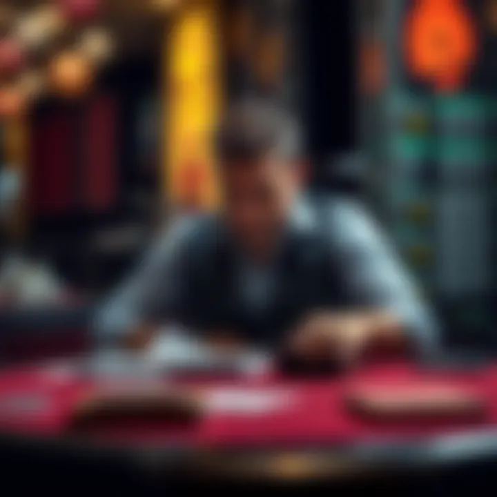 A professional gambler sits at a table, deep in thought, with betting slips and a calculator beside him, reflecting on his career choices and experiences in betting.
