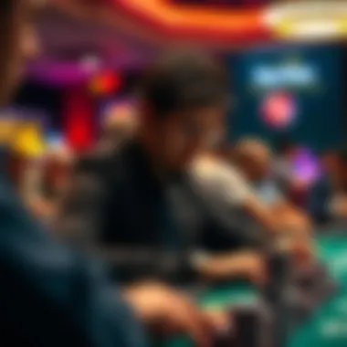 A focused poker player at a table during a live MTT, analyzing their cards and the game action around them, as chips are stacked high on the table.