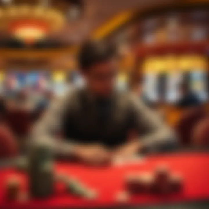 A professional gambler sitting at a table in a California casino, contemplating a card hand while chips are stacked nearby.
