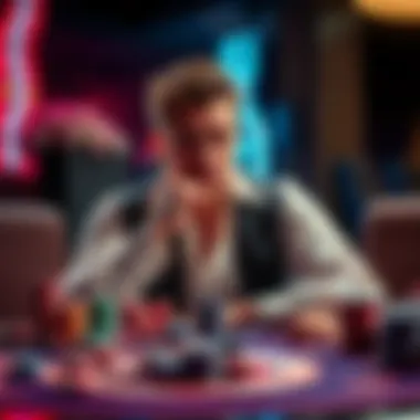 A thoughtful professional gambler sitting at a table, pondering the absence of poker in his gambling career, while various gambling items are scattered around.