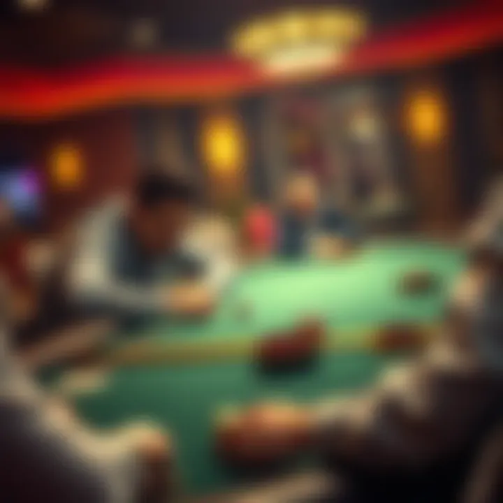 A professional gambler observing a poker table with low stakes, showing concern over the game