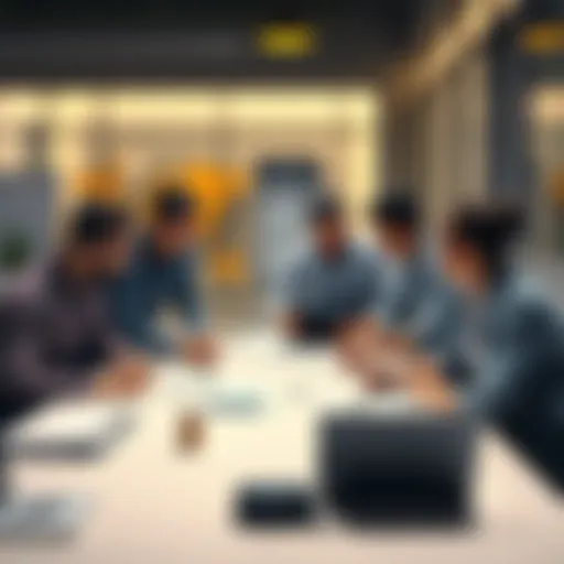 A team discussing project plans with charts and notes around a table