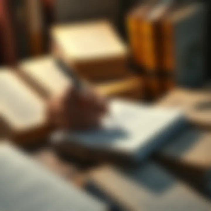 A person writing with a pen, highlighting capital letters in a notebook, surrounded by books on grammar and writing rules.