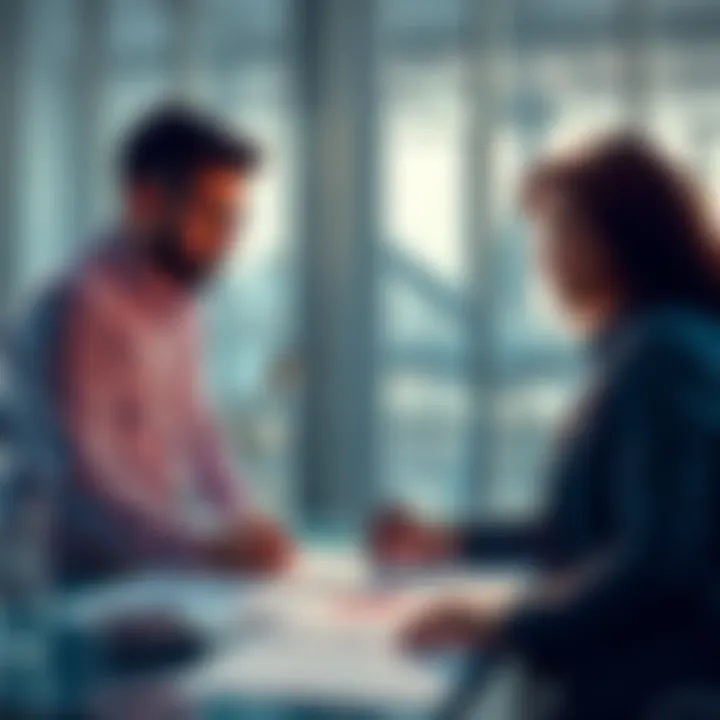 Two people discussing the merits of a proposal, with notes and charts in front of them
