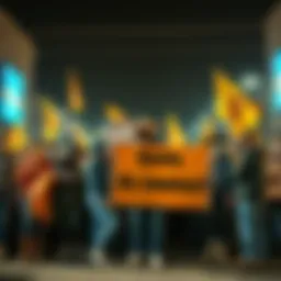 People holding banners in a protest against cowboys in a community setting