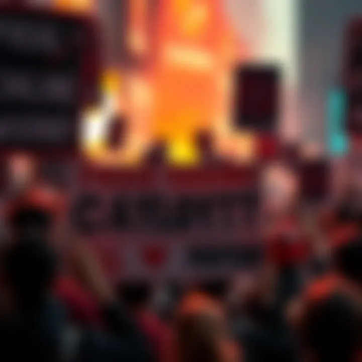 People holding signs to protest against online casino fraud, focused on a banner calling for a boycott.