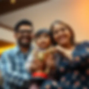 A joyful family celebrating achievements together with a child holding a trophy.