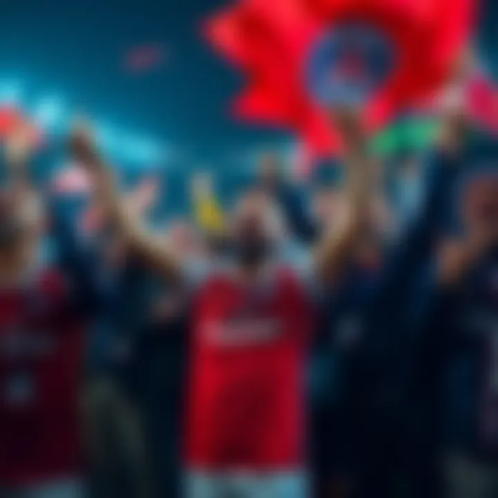 Enthusiastic PSG fans cheering and celebrating after a match victory, waving flags and wearing team jerseys