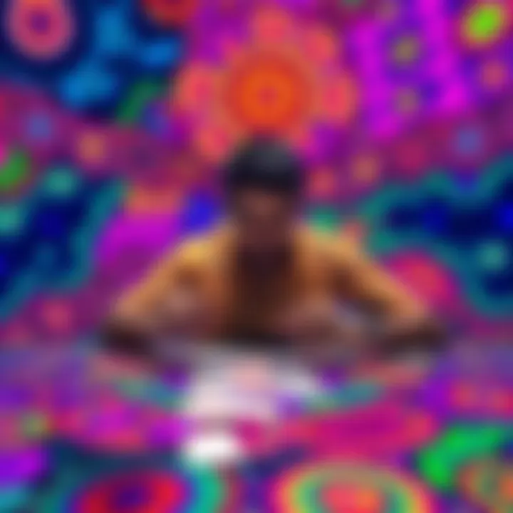 A person sitting at a table, playing card games surrounded by vibrant psychedelic patterns and colors, reflecting an altered state of consciousness.